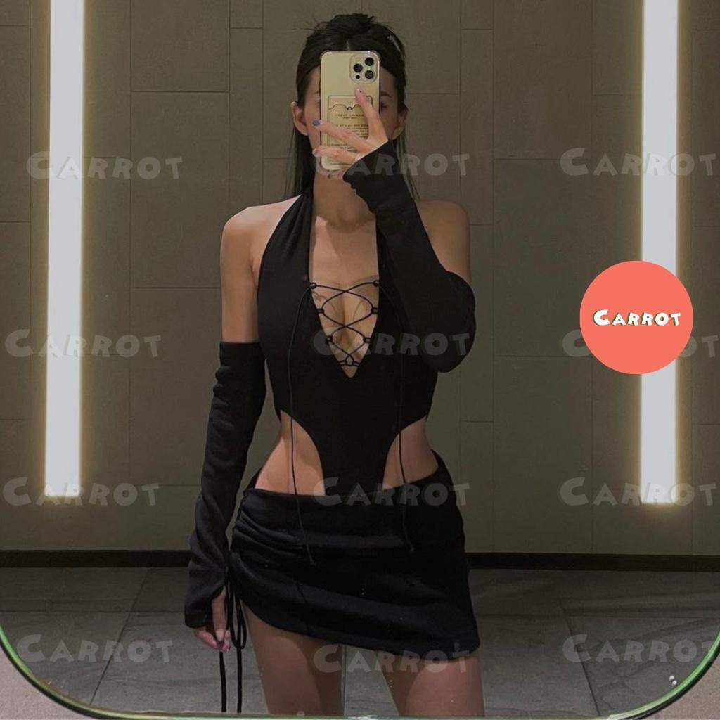 Set đồ nữ đi chơi sang chảnh áo croptop tay dài dây chéo chân váy ngắn đen rút dây tôn dáng ôm body carrotxinhdep