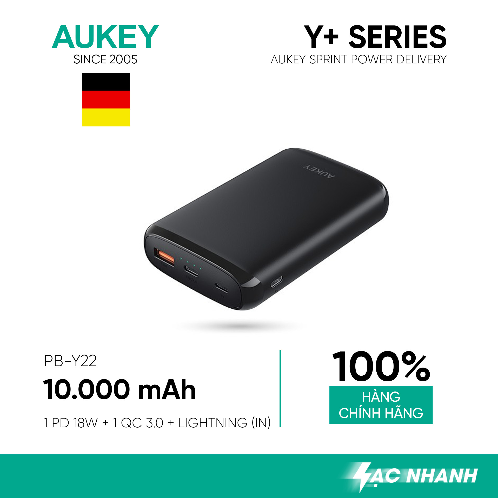 Pin Sạc Dự Phòng Pin sạc dự phòng AUKEY PB-Y22 1 Cổng Sạc Nhanh Quick Charge 3.0 Type C 18W In/Out, Hỗ Trợ Sạc Vào Bằng Cổng Lightning - Hàng Chính Hãng