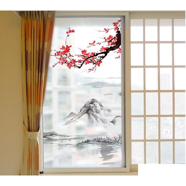 Decal dán kính cao cấp - Phong Thủy Núi Sông kết hợp Mai Đỏ
