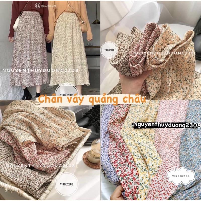 Chân váy hoa nhí midi nhăn Quảng Châu/Chân váy vintage