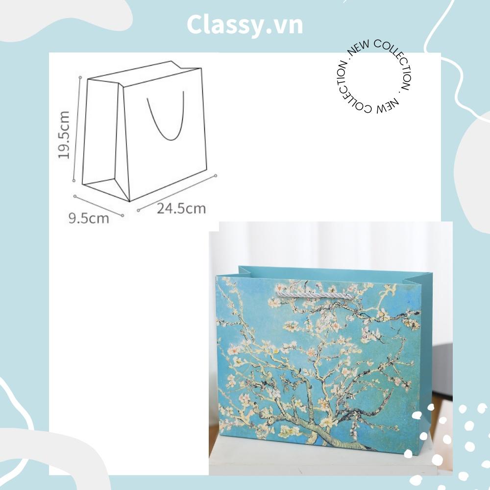 Túi giấy họa tiết hoa tuyết mai Classy màu xanh cớ lớn, làm quà tặng, đựng hoa, đi shopping tiện lợi Q1501