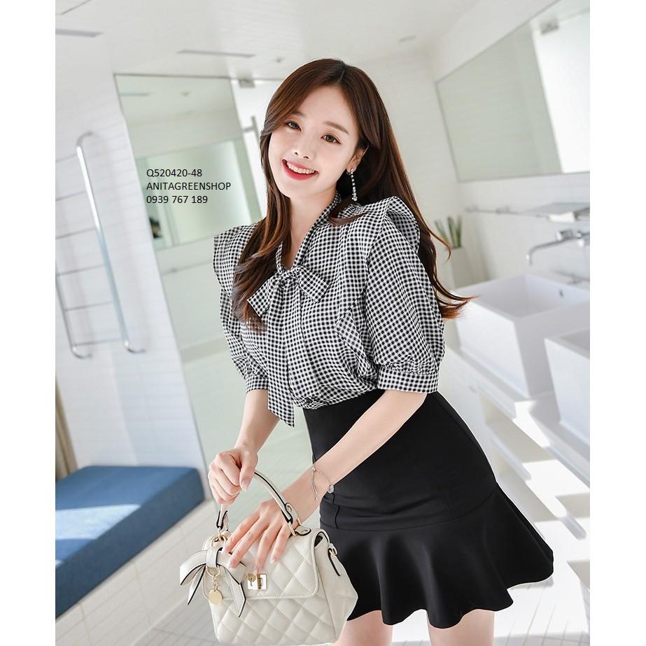 Q520420 SET ÁO CARO PHỐI CHÂN VÁY NGẮN