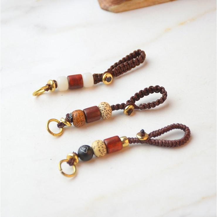 HN * Dây thừng tết móc chìa khóa, charm gắn sẵn hạt bồ đề, ngọc trắng, gỗ mun vân mây đẹp, độc, hợp lý