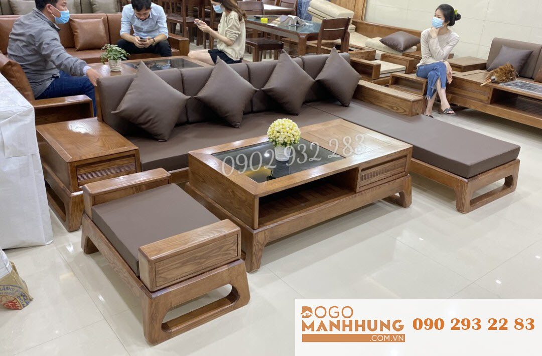 Bộ bàn ghế phòng khách, sofa góc L gỗ sồi 2m80 x 1m80 G03