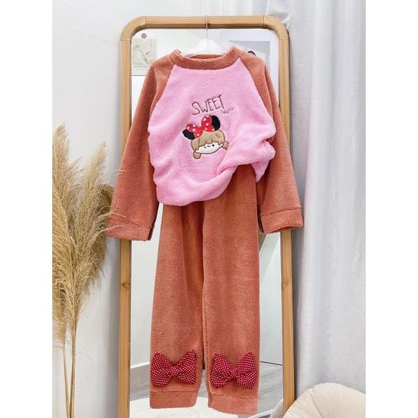 Bộ ngủ, mặc nhà lông cừu 2 mặt mềm mại hình cô gái dễ thương