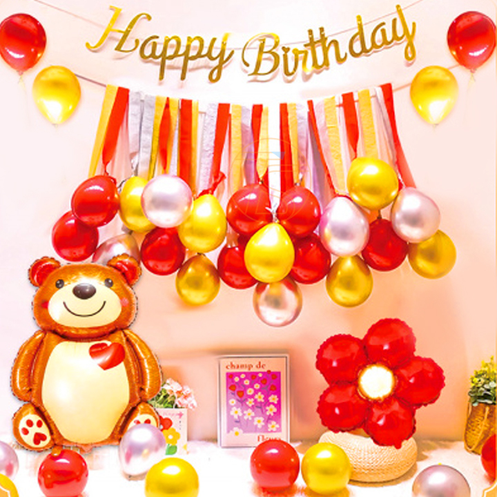 Bộ trang trí sinh nhật happy birthday chú gấu - Sét bong bóng trang trí tiệc thôi nôi, đầy tháng cho trẻ