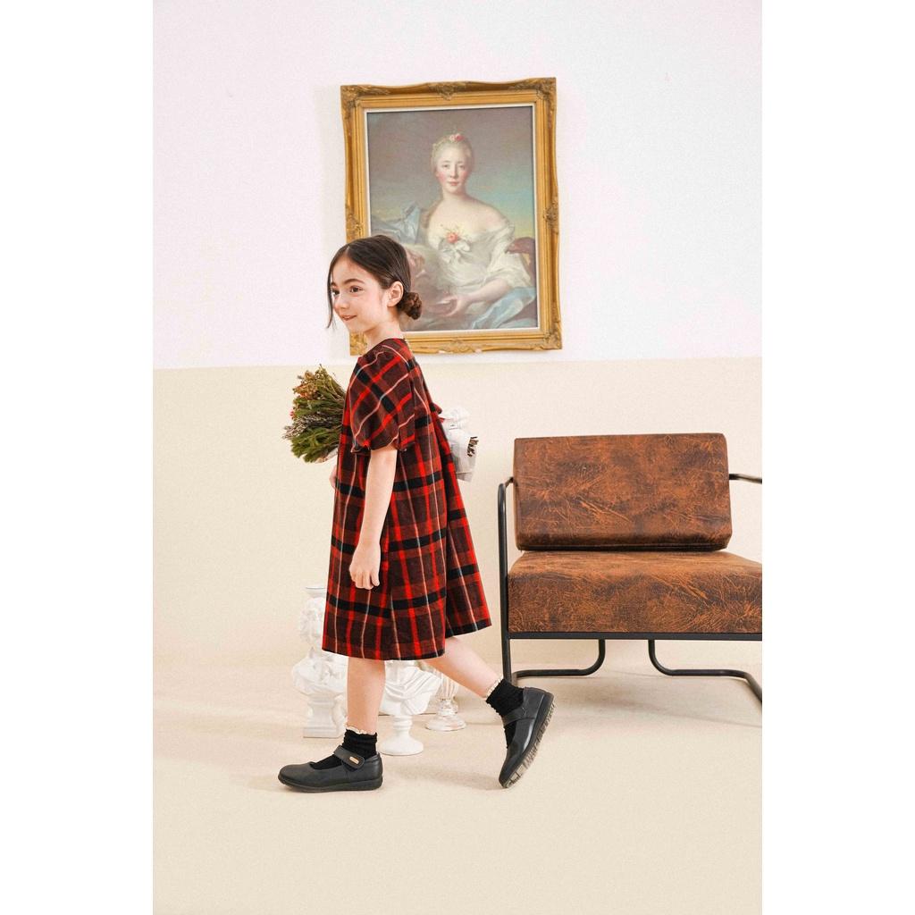 Váy bé gái CRABIE nhung suông tay bồng tiểu thư xinh xắn cho bé từ 3,4,5,6,7,8,9,10 tuổi - Julia dress - Kẻ Tartan đỏ