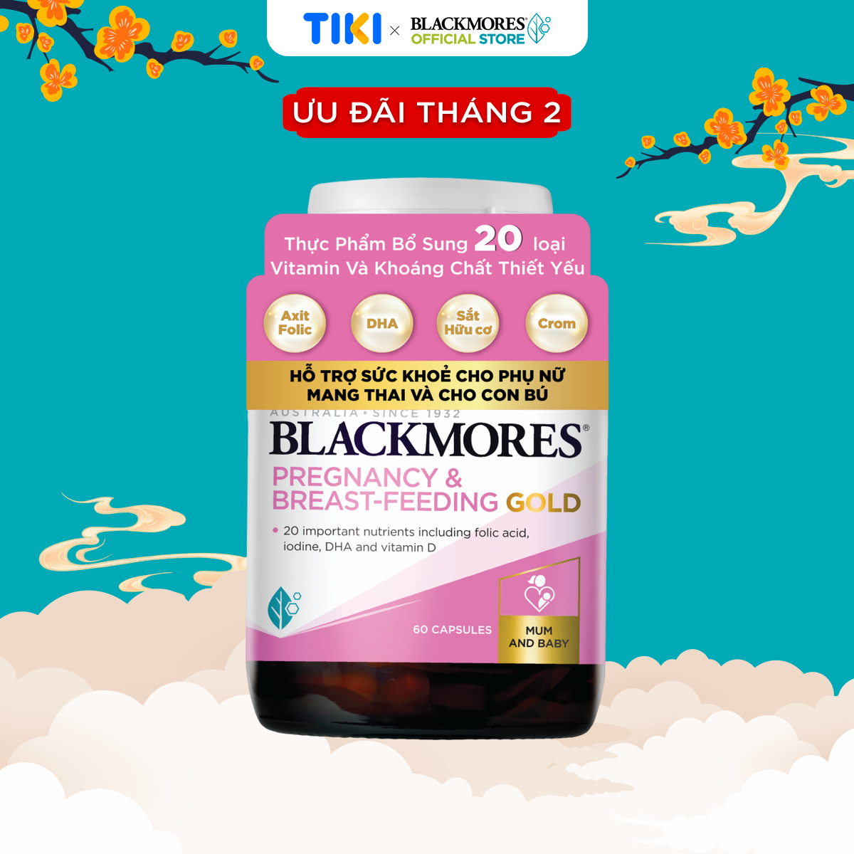 Vitamin Tổng Hợp Cho Bà Bầu và Mẹ Cho Con Bú Blackmores Pregnancy & Breast-Feeding Gold Lọ 60 Viên