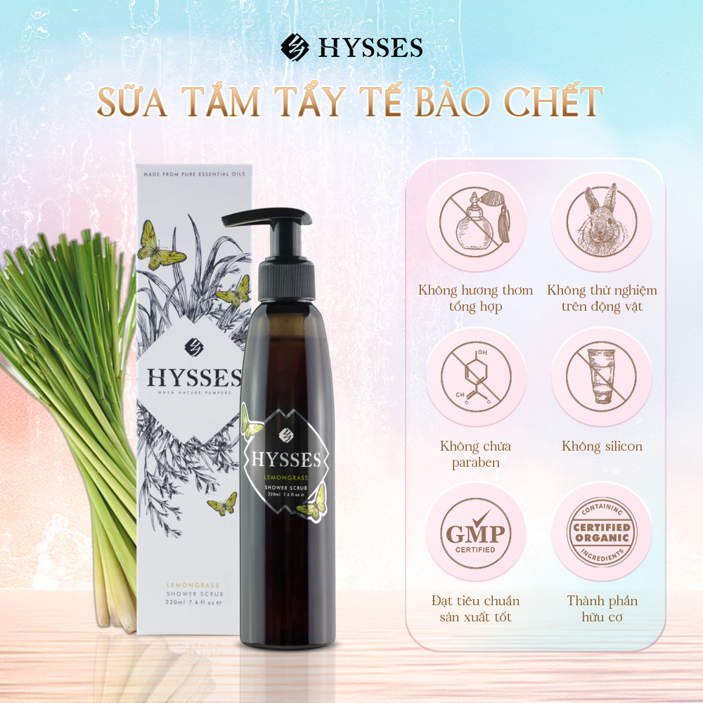 Sữa Tắm Tẩy Tế Bào Chết Cao Cấp Hysses Giúp Làm Sạch Sâu, Da Mịn Màng, Săn Chắc, Dưỡng Trắng, Mang Tới Cảm Giác Thư Thái Như ở Spa Với Tinh Dầu Sả Chanh Hữu Cơ Tự Nhiên