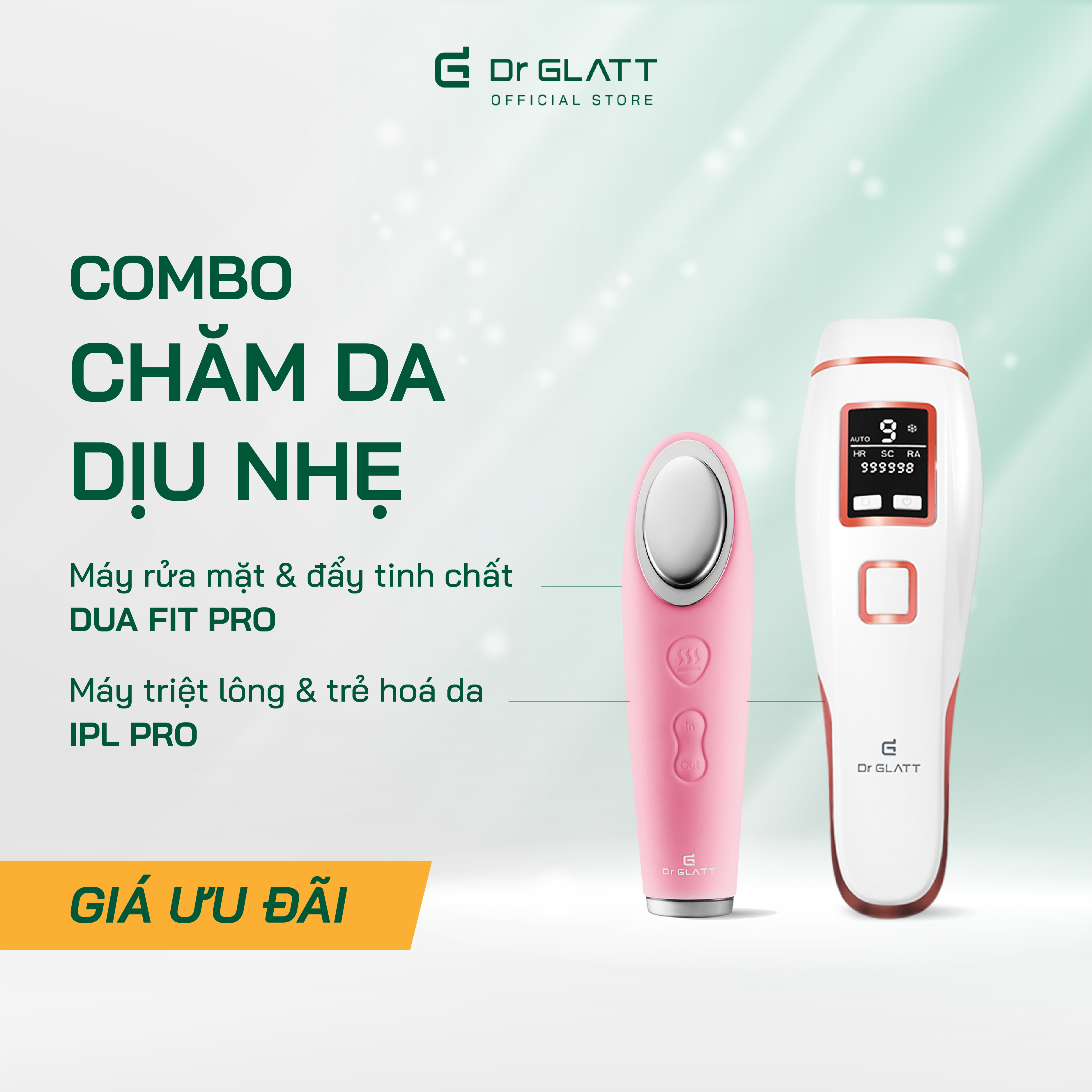 Set máy triệt lông mini đa năng và máy rửa mặt - triệt lông vĩnh viễn, trị mụn, tẩy trang, massage mắt DR GLATT