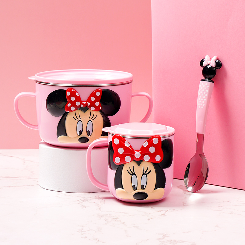 Set ăn uống 4 món tô, ly, muỗng, nĩa inox giữ nhiệt hình chuột Minnie 3D màu hồng cho bé gái - 397VNDM2346