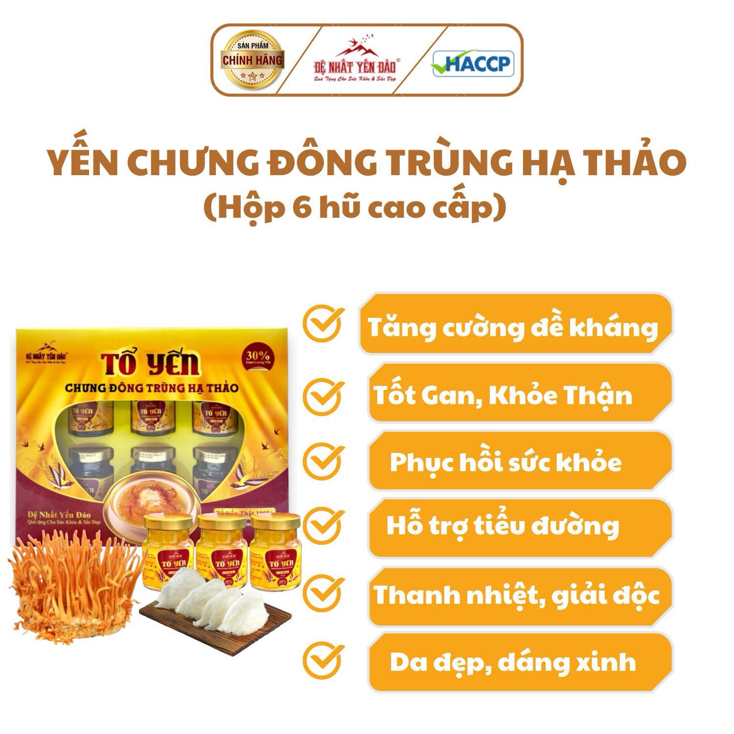 TỔ YẾN CHƯNG ĐÔNG TRÙNG HẠ THẢO 100% Tổ Yến Thật (Hàm Lượng 30%) (6 Lọ X 70ML) - Đệ Nhất Yến Đảo - Giảm Stress - Giảm Mệt Mỏi - Đẹp Da - Đẩy Lùi Lão Hóa - Điều Hòa Đường Huyết - Ổn Định Huyết Áp - Tăng Sức Đề Kháng - Tăng Sức Đề Kháng