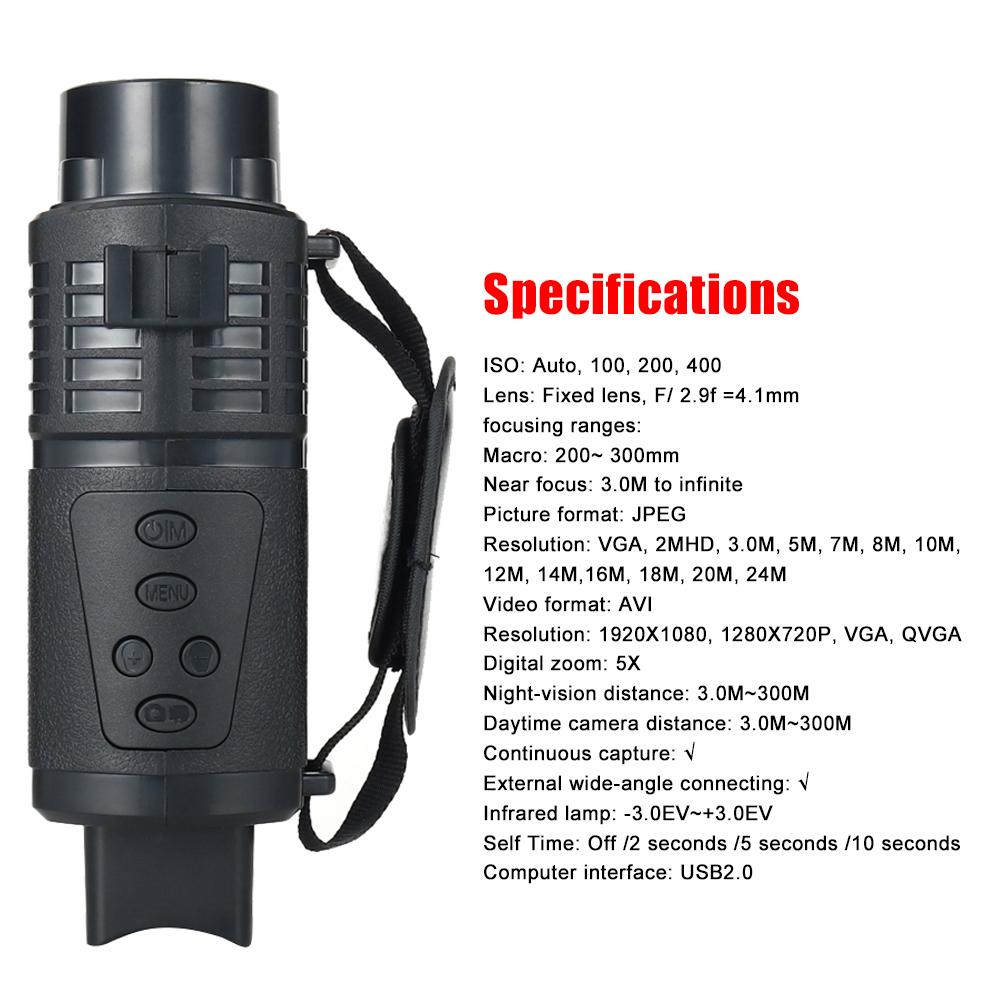 Portable Monocular Infrared Night-Visions Device Day Night Use Photo Video Playback Modes 5X Digital Zoom 300M Full Dark Viewing Distance for Outdoor Hunts Boating Journey