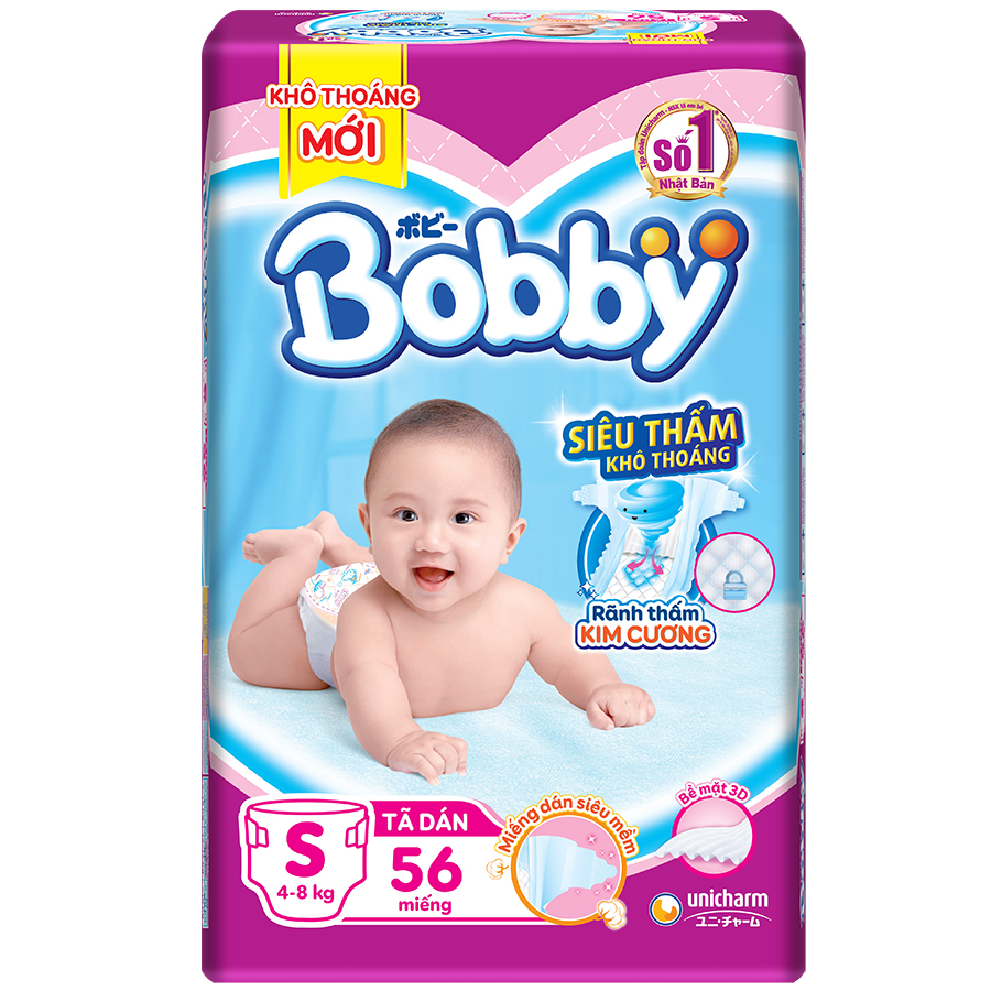 Tã dán Bobby Sơ Sinh Siêu Mỏng Thấm Gói Đại S56(56 Miếng)