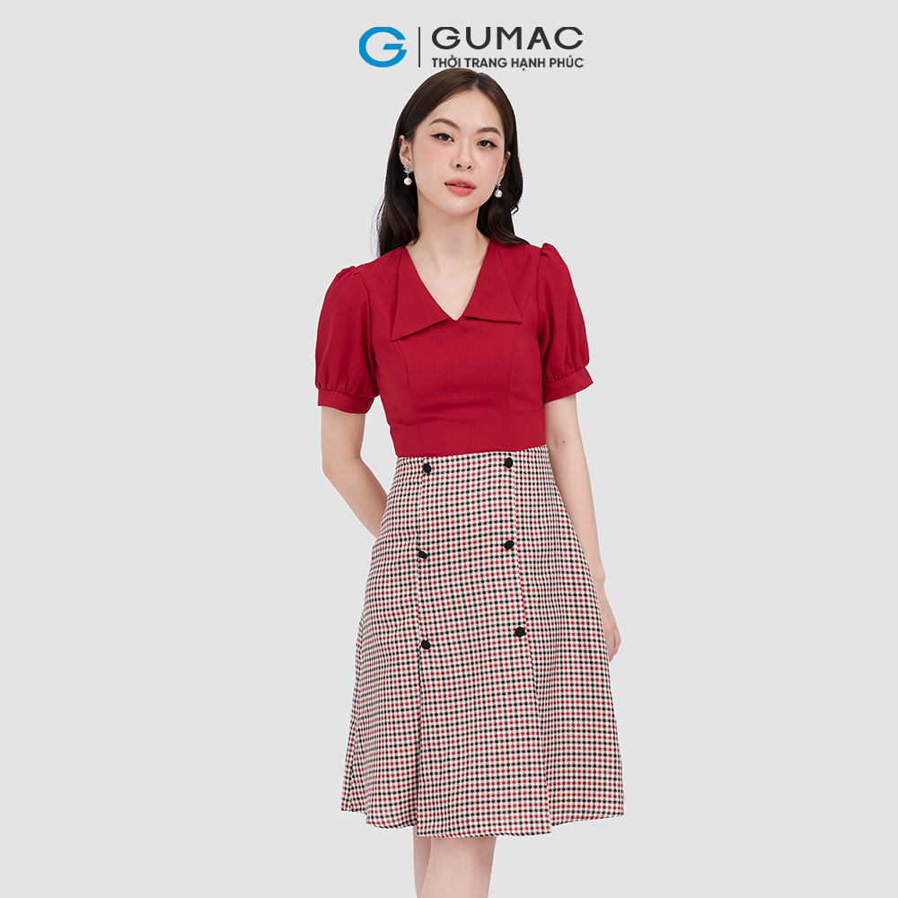 Đầm form A GUMAC LD1014 cổ bẻ phối nút thời thượng