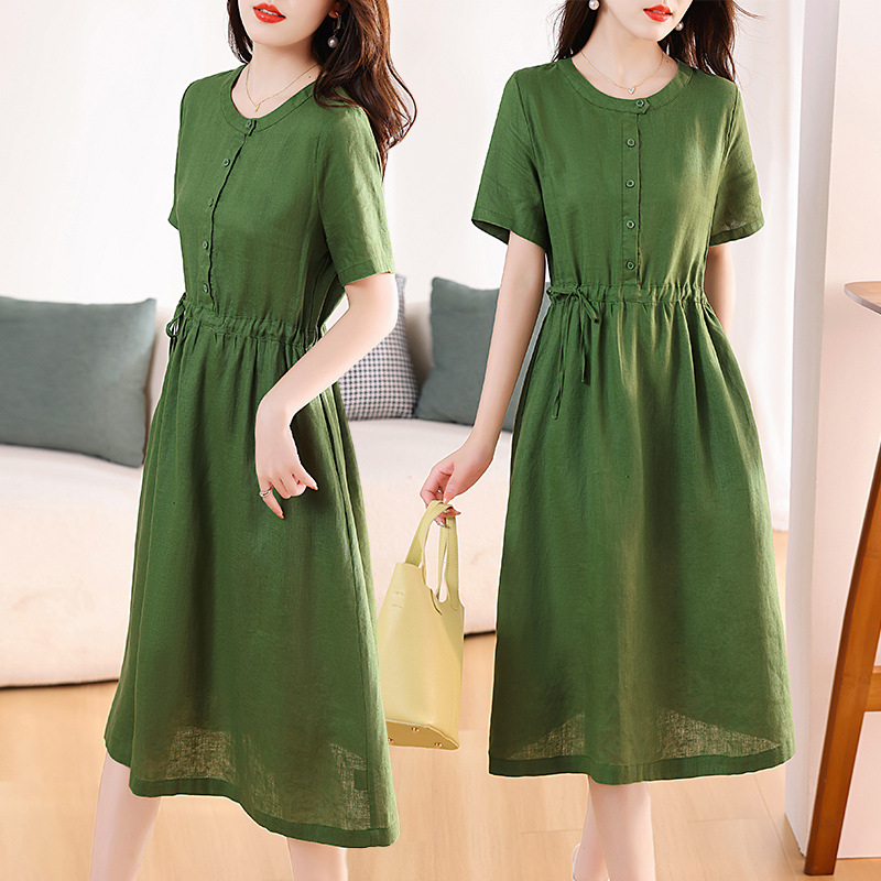 Đầm suông linen thắt eo thời trang màu trendy cổ tàu