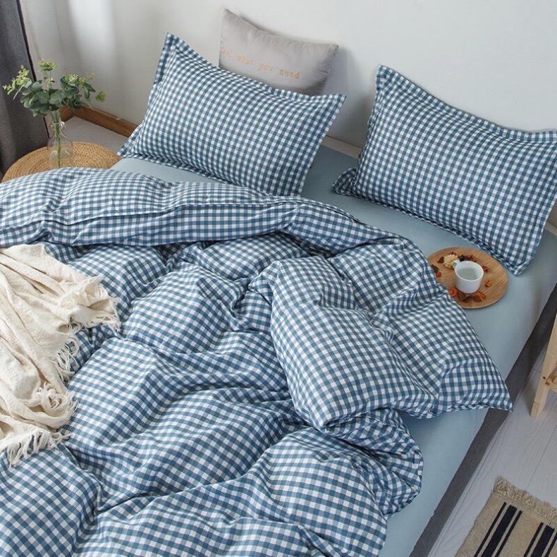 Chăn ga gối chất liệu cotton poly họa tiết kẻ caro đáng yêu đủ size miễn phí bo chun