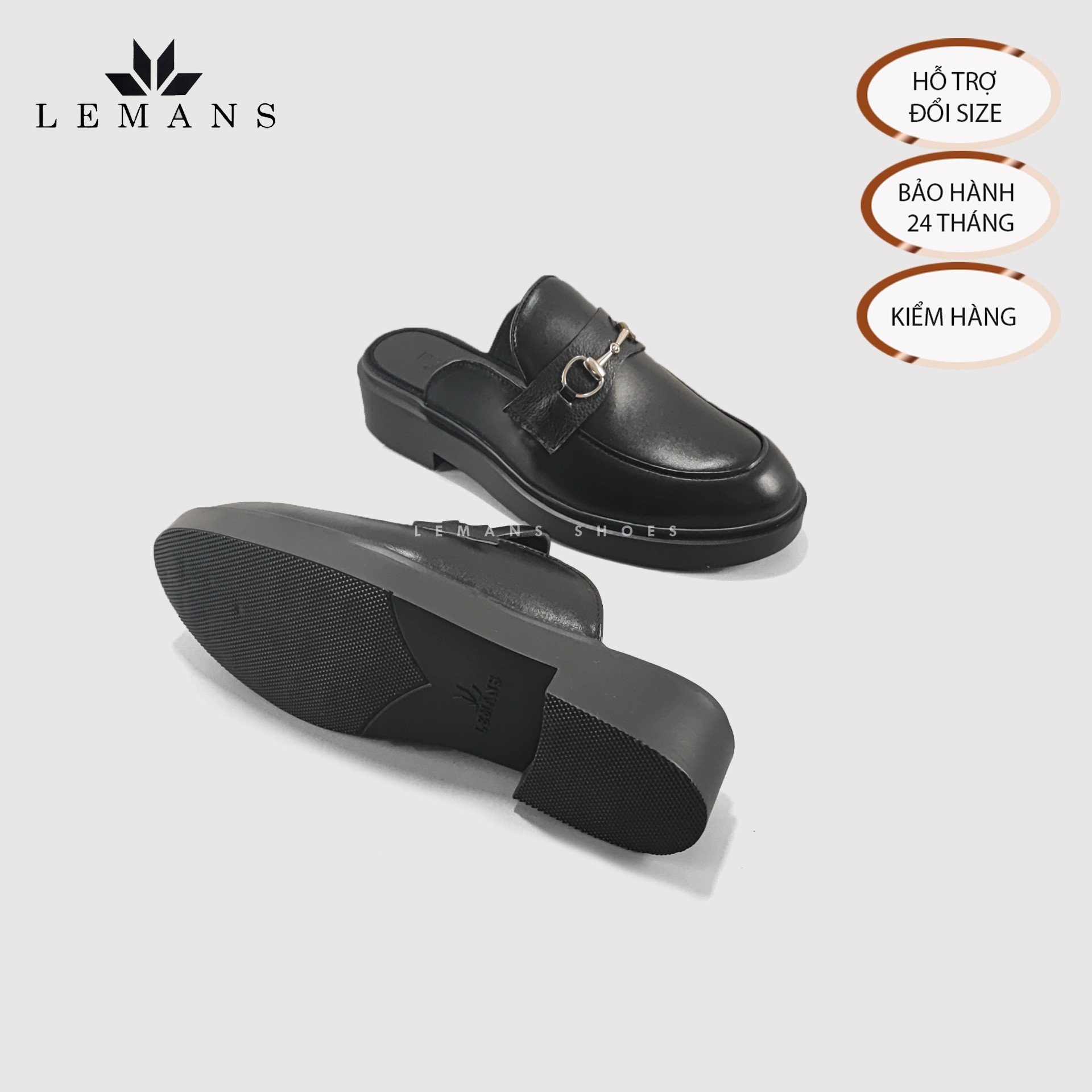 Giày Sục LEMANS Mules Loafer - Black. Da bò nguyên tấm Đế khuôn độc quyền tăng cao 4cm. Bảo hành 24 Tháng