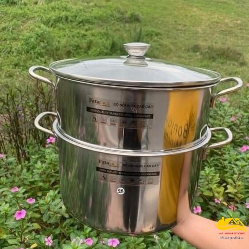 Nồi luộc gà kèm xửng hấp 2 tầng size 28 inox cao cấp sáng bóng chống bám bẩn nồi luộc gà hà minh store