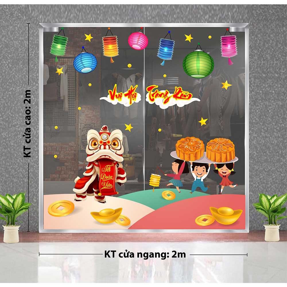 Decal trang trí trung thu 2021 lồng đèn sắc màu và lân