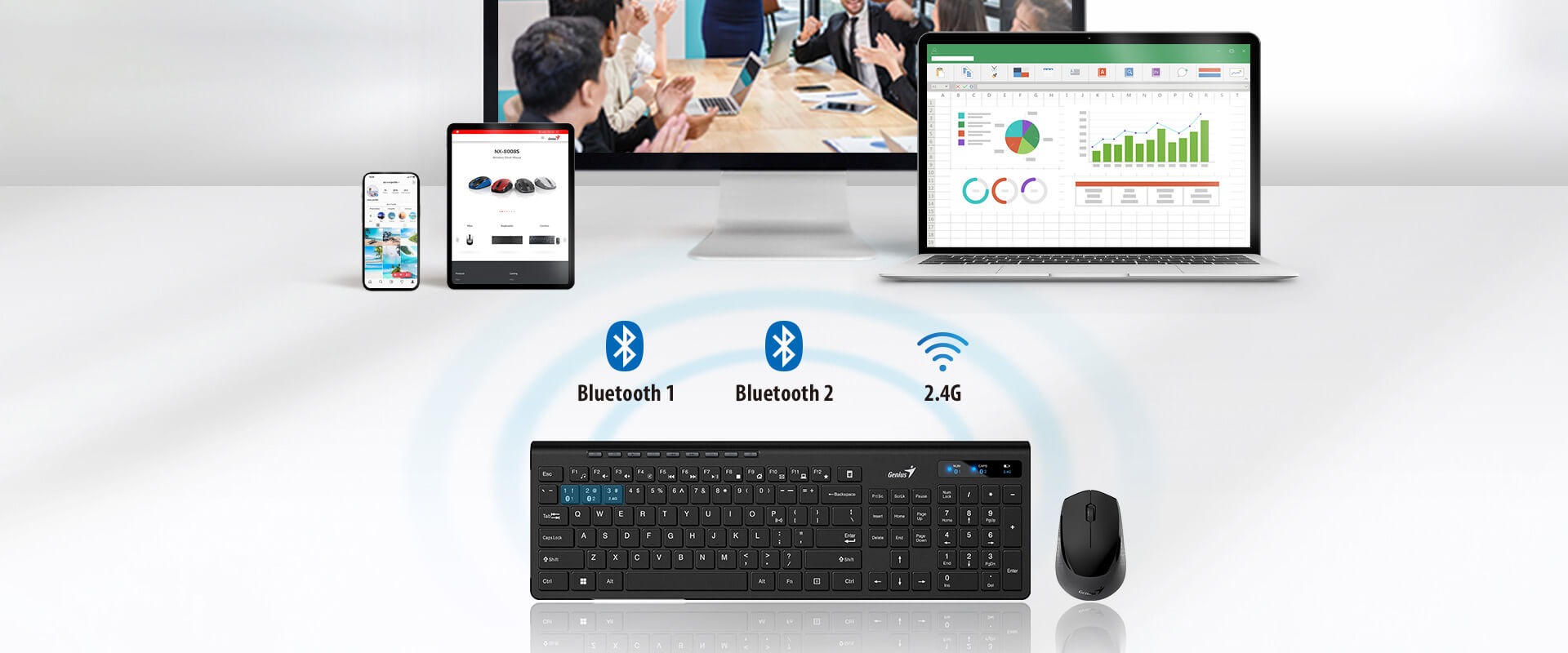 Combo bàn phím chuột không dây Bluetooth Genius SlimStar 8230 fullsize - kết nối 3 thiết bị, công thái học, có phím số, Hàng chính hãng, Bảo hành 1 năm