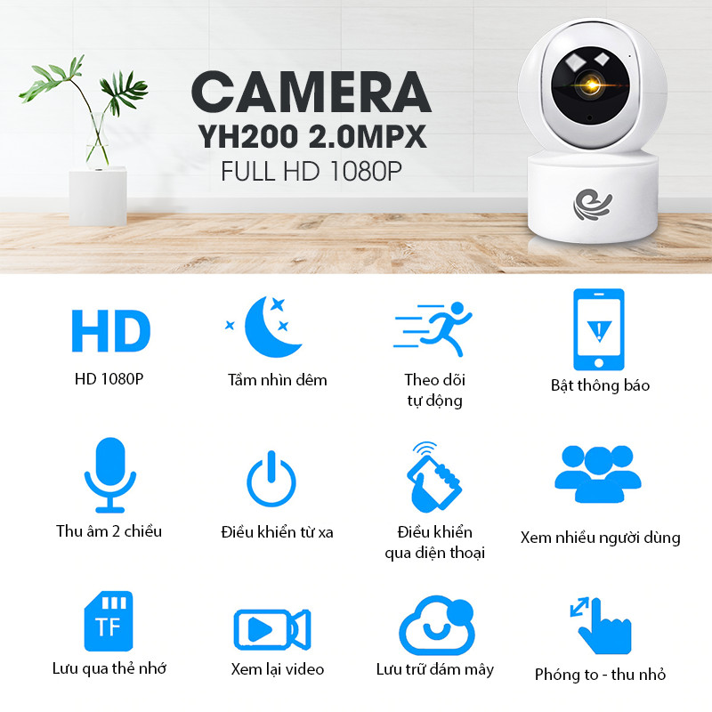 Camera Ip Giám Sát An Ninh Trong Nhà CC2020, 2.0Mpx 1920x1080P FULL HD, Xoay Theo Chuyển Động, Hú Báo Động, Dùng Cho Điện Thoại, Máy Tính, Smart TV, Dùng APP CARECAM PRO - Chính Hãng