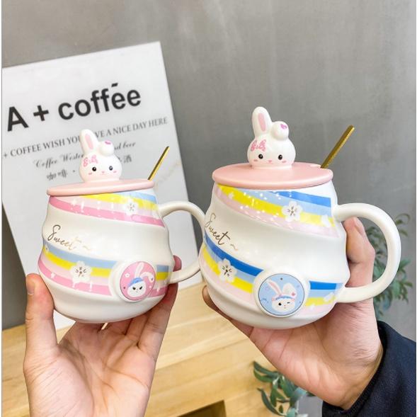 Cốc sứ kỳ lân, thỏ xoáy cầu vồng có nắp thìa - Cốc uống nước họa tiết unicorn dễ thương - quà tặng văn phòng