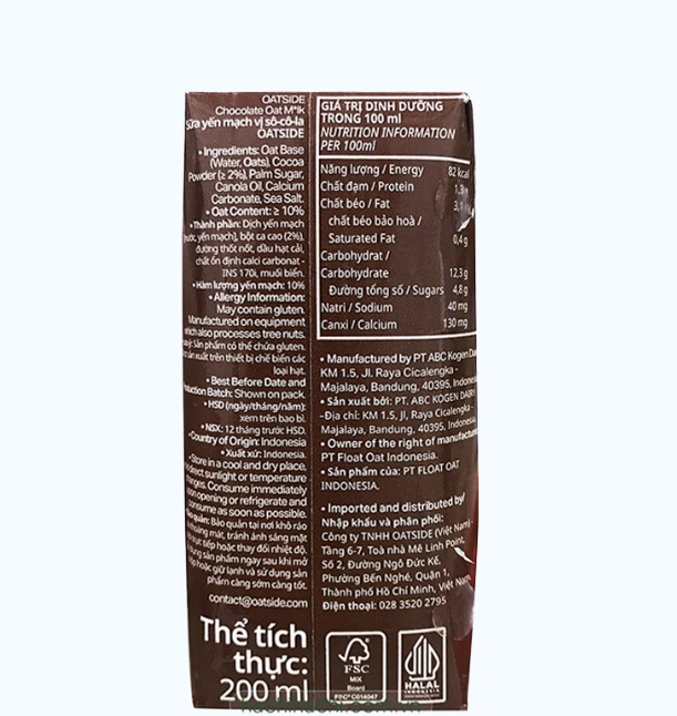Sữa yến mạch vị socola Oatside (200ml)