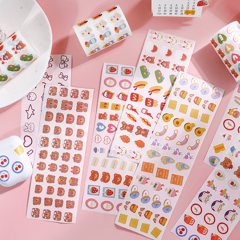 S59 - Cuộn 3m sticker washi tape hoạt hình dễ thương trang trí đồ dùng học tập, sổ bullet journal - Gấu tham ăn