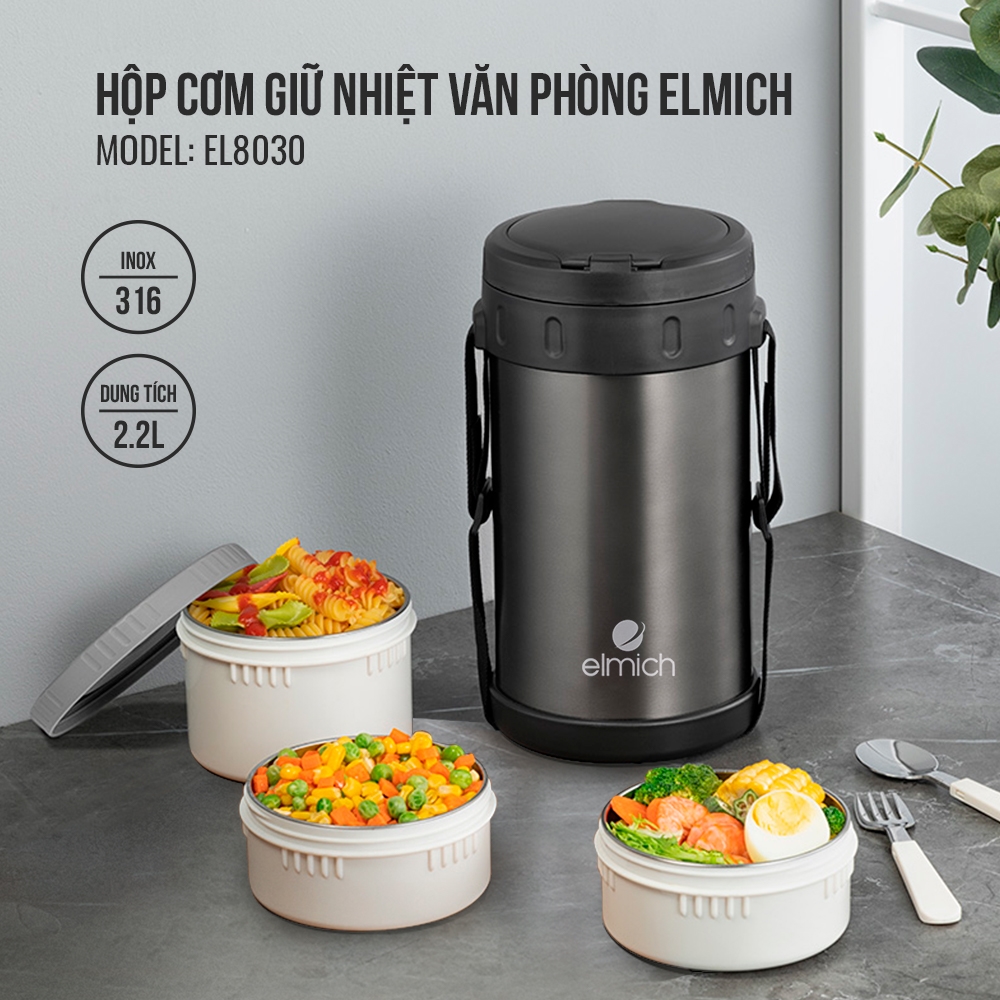 Hộp Cơm Giữ Nhiệt Elmich EL-8030 (Dung tích 2200ml - Có Túi Đựng &amp; Thìa, Dĩa Kèm Theo) - Hàng Chính Hãng