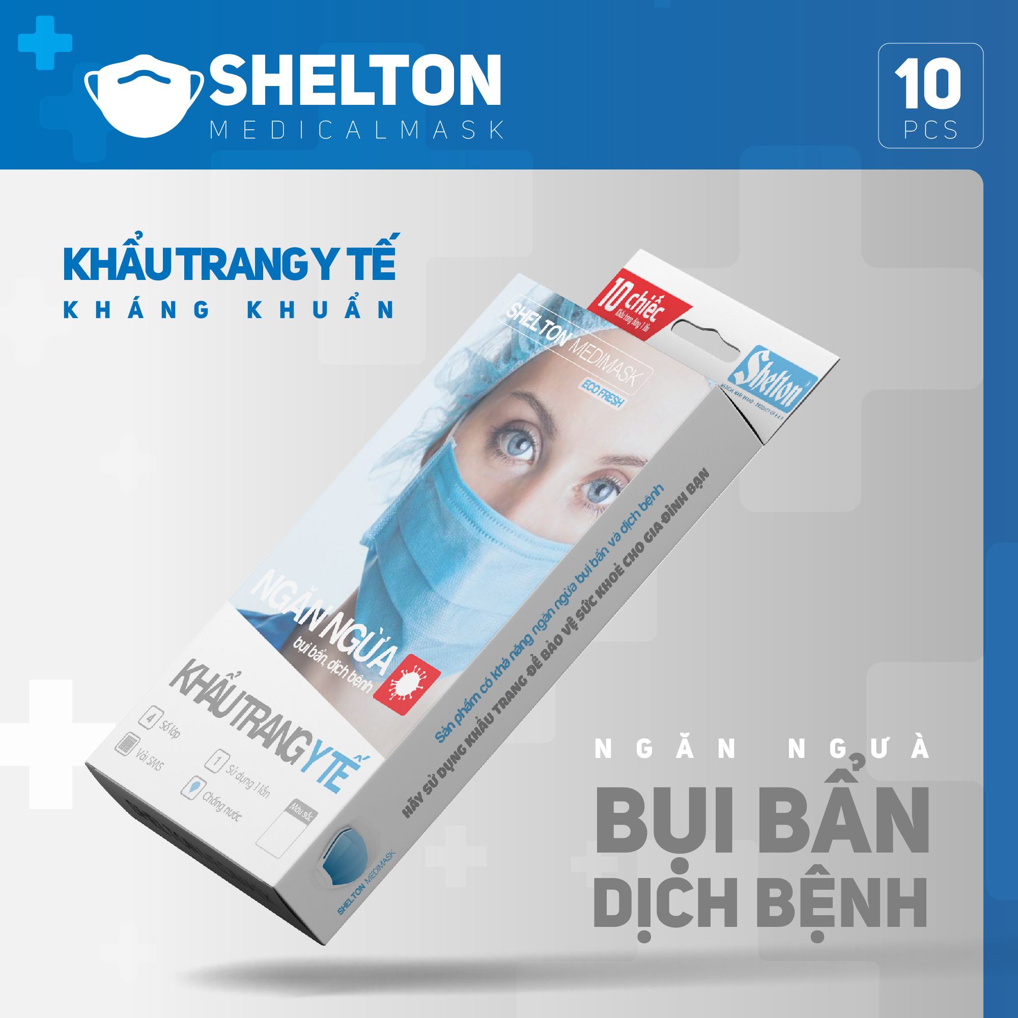 Khẩu trang y tế kháng khuẩn 4 lớp Shelton Medimask Ecofresh hộp 10 chiếc,khẩu trang kháng khuẩn 4 lớp dành cho người lớn,khẩu trang 4 lớp mềm mại có vải kháng khuẩn ngăn ngừa bụi bẩn,vi khuẩn sử dụng 1 lần