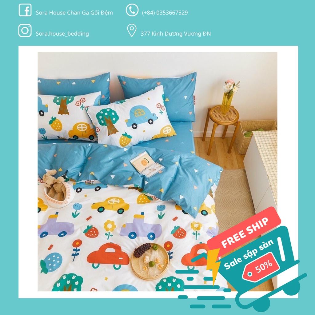 Bộ Chăn Ga Gối Cotton Living Xe Ô Tô Xanh