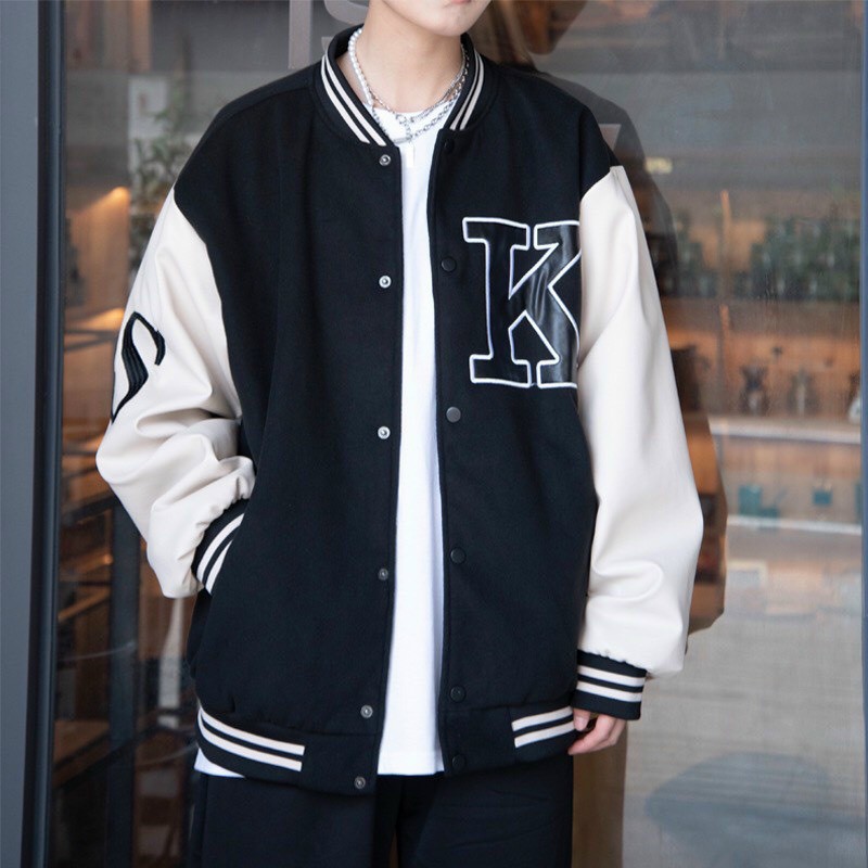 Áo Varsity Jacket - Chất dày đẹp form bao to cho nam nữ dưới 70kg - Hình thêu nổi sắc nét, Áo Khoác Bomber Phối Tay form rộng cực kỳ thoải mái, áo khoác dù bóng chày