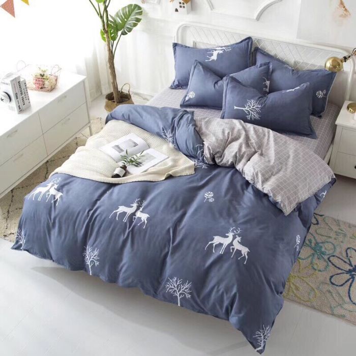 Bộ chăn ga gối xanh ghi chất vải cotton ấm áp