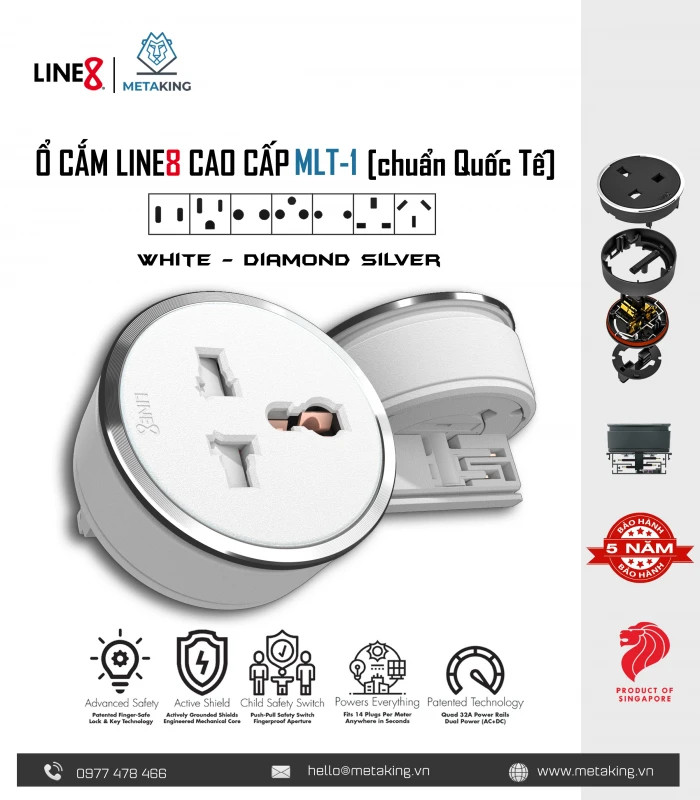 Ổ Cắm Điện Line8 MLT-1 - Body Màu Trắng - Chuẩn Quốc Tế - Chính hãng