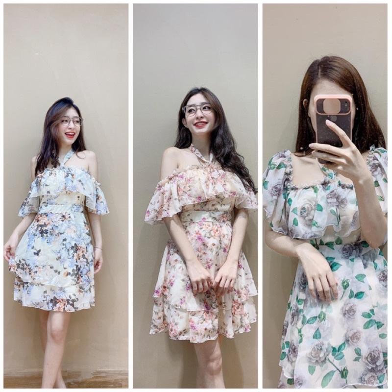 Váy voan tơ hoa trễ vai dây buộc cổ.