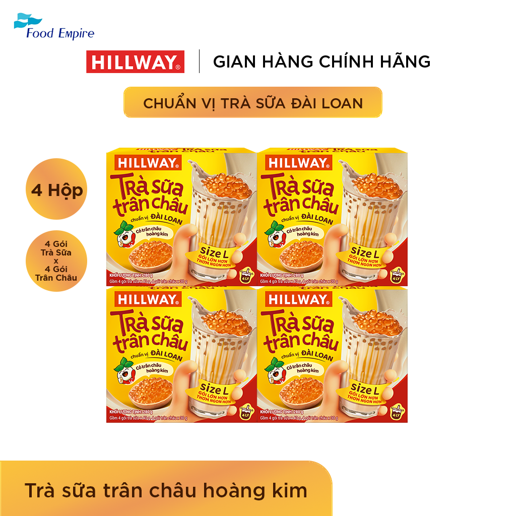 Combo 4 Hộp Trà Sữa Trân Châu Hoàng Kim - Hillway - Chuẩn vị Đài Loan size L (hộp 4 gói trà sữa, 4 gói trân châu)