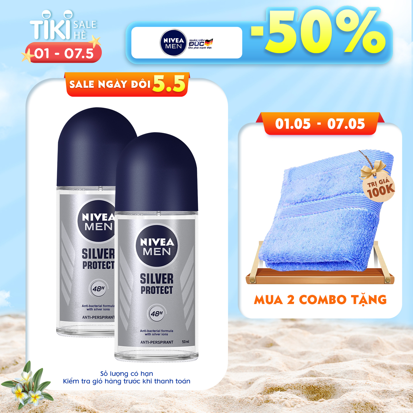 Combo 2 Lăn Ngăn Mùi NIVEA MEN Silver Protect Phân Tử Bạc Giảm 99.9% Vi Khuẩn Gây Mùi 50ml - 83778