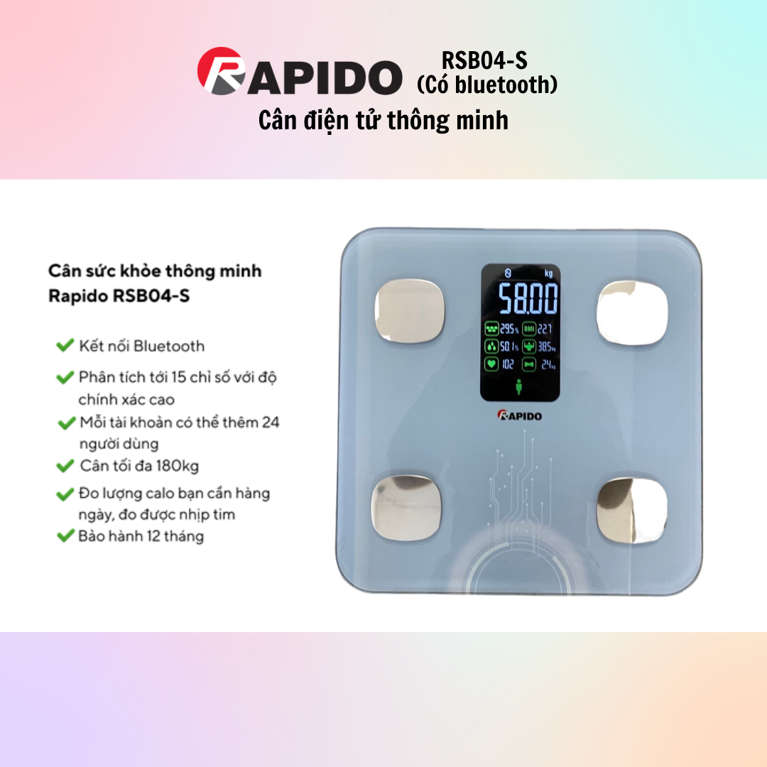 Cân Sức Khỏe Thông Minh Rapido RSB04-S - Hàng Chính Hãng - Bảo Hành 12 Tháng