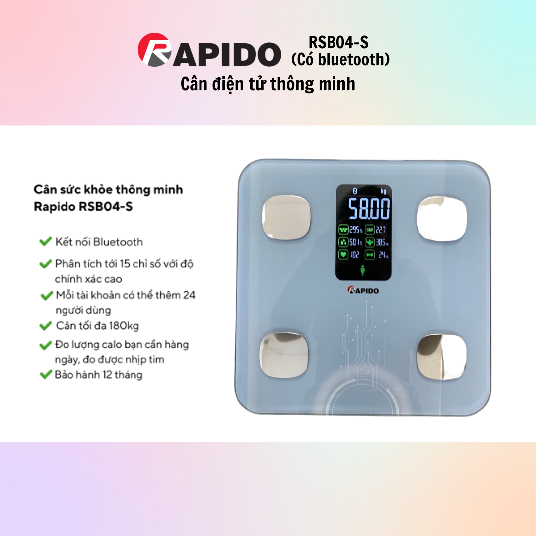 Cân Sức Khỏe Thông Minh Rapido RSB04-S (Có bluetooth) - Hàng Chính Hãng - Bảo Hành 12 Tháng