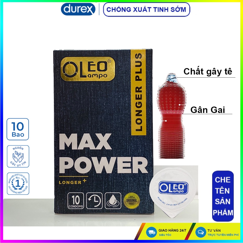 Bao cao su OleoLampo Maxpower 10 bao gân gai kéo dài, nhiều gel tăng cường cảm giác.