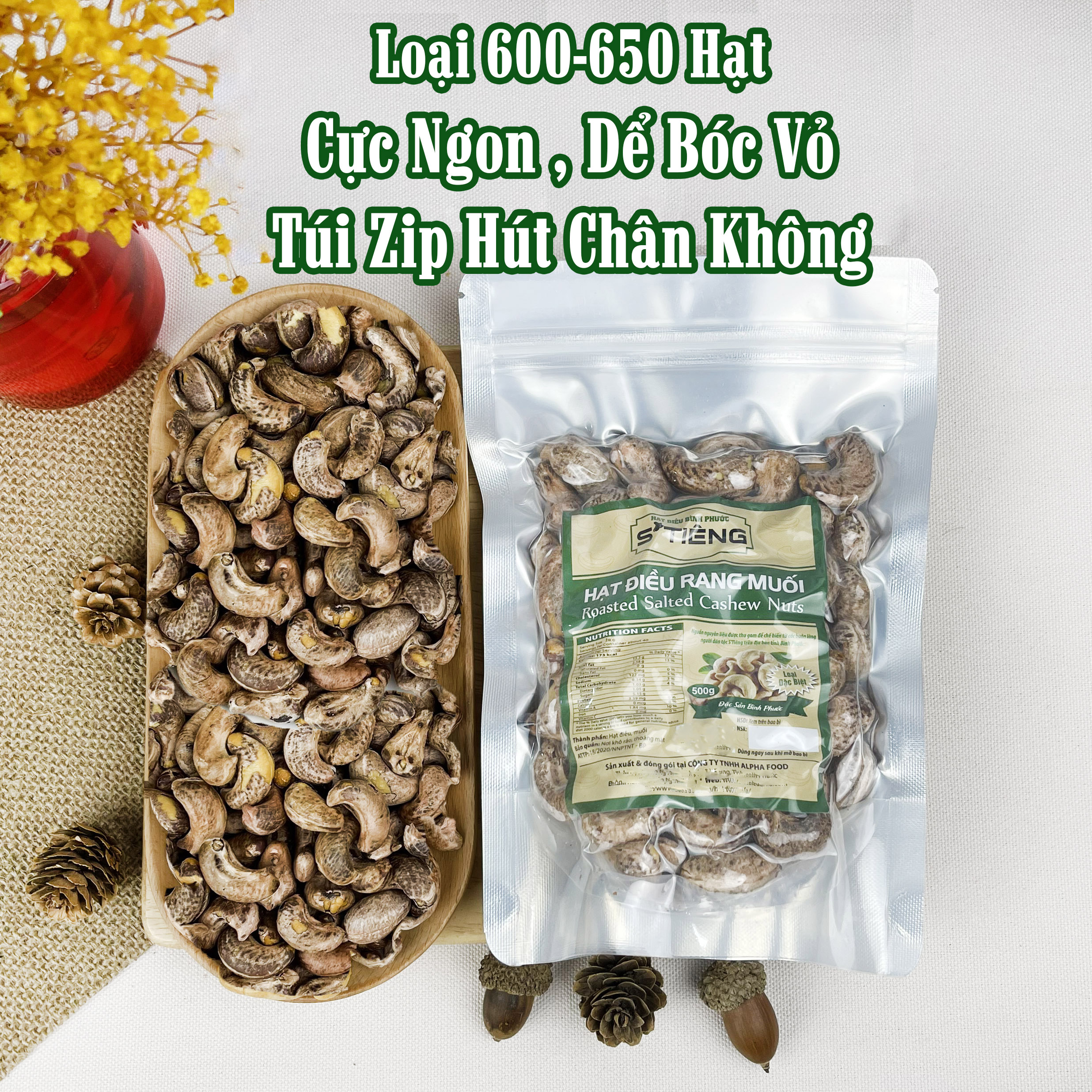 500Gr Hạt Điều Rang Muối Nguyên Hạt S'TIÊNG Túi Zip