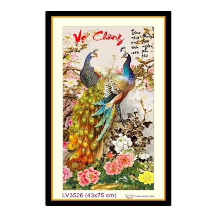 Tranh thêu vợ chồng công hoa mẫu đơn LV3526 - kích thước: 43 * 75cm.