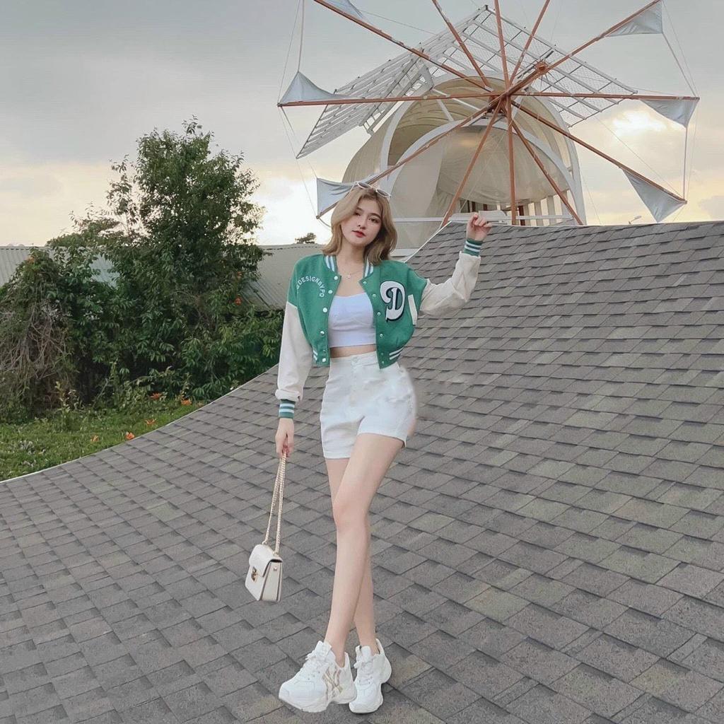 Áo khoác bomber croptop Chữ D nữ dáng lửng cánh dơi Phối tay trắng rộng bấm cúc sexy hàn quốc