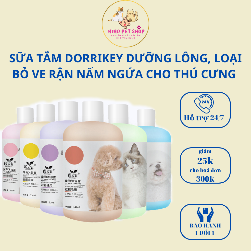 Sữa tắm Dorrikey dưỡng lông, loại bỏ nấm ngứa cho thú cưng - Chai 510ml