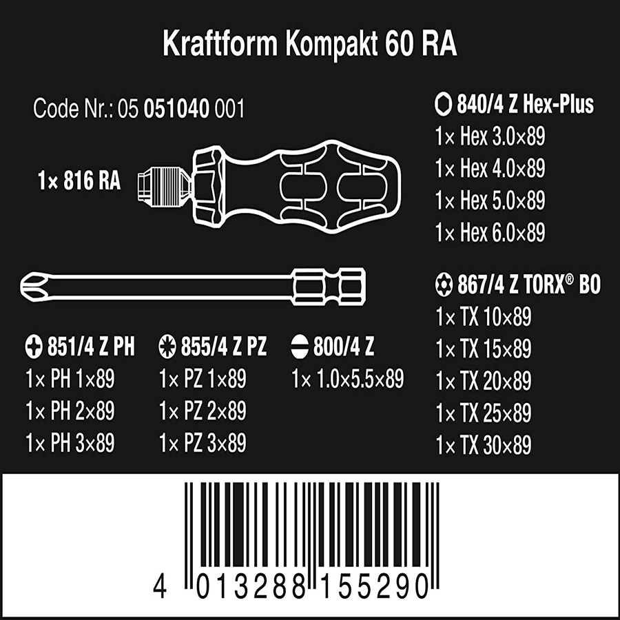 Bộ Kraftform Kompakt 60 RA (tự động), 17 cái , Wera 05051040001