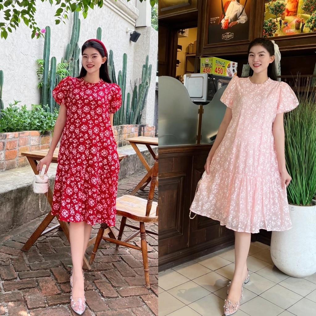 Đầm bầu tơ bông cổ bèo phom suông đuôi cá dễ thương, xinh xắn - Đỏ