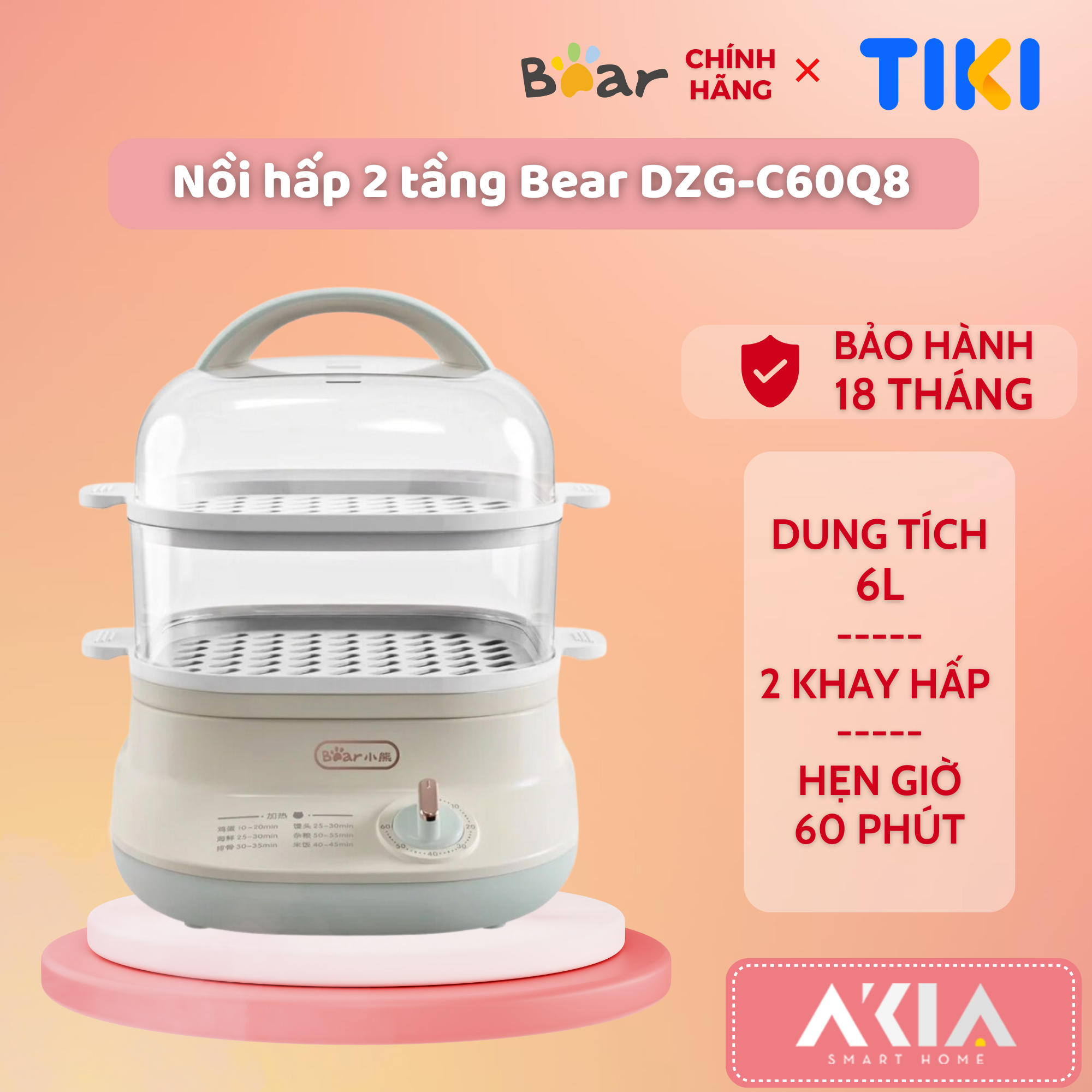 Nồi hấp thức ăn 2 tầng Bear DZG-C60Q8, thiết kế trong suốt, 2 khay hấp, dung tích 6L, hẹn giờ 60 phút, BH 18 tháng - HÀNG CHÍNH HÃNG