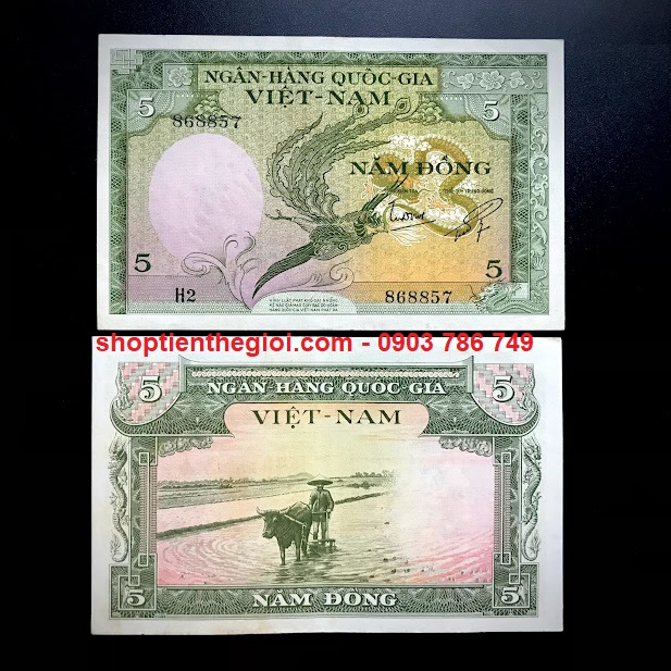 Sưu Tầm Tờ Việt Nam - 5 đ 1955 lần 2 XF Long Phụng, sưu tầm phong thuỷ quà tặng - SP000550