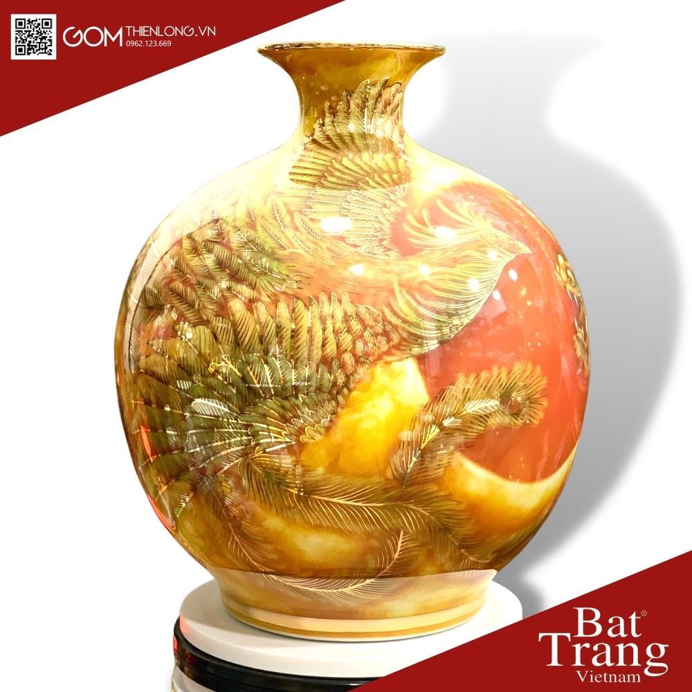 Bình Hút Tài Lộc Vẽ Vàng 3D Long Phụng Vờn Mây - Hàng Kỹ Độc Bản - Bình Hút Lộc Bát Tràng - Gốm Thiên Long